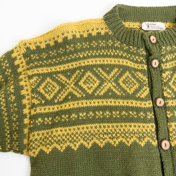 Vintage Marius Norwegian Sweater Wool Cardigan Hand Knit Ski 80s Green Yellow - Picture 5 of 16